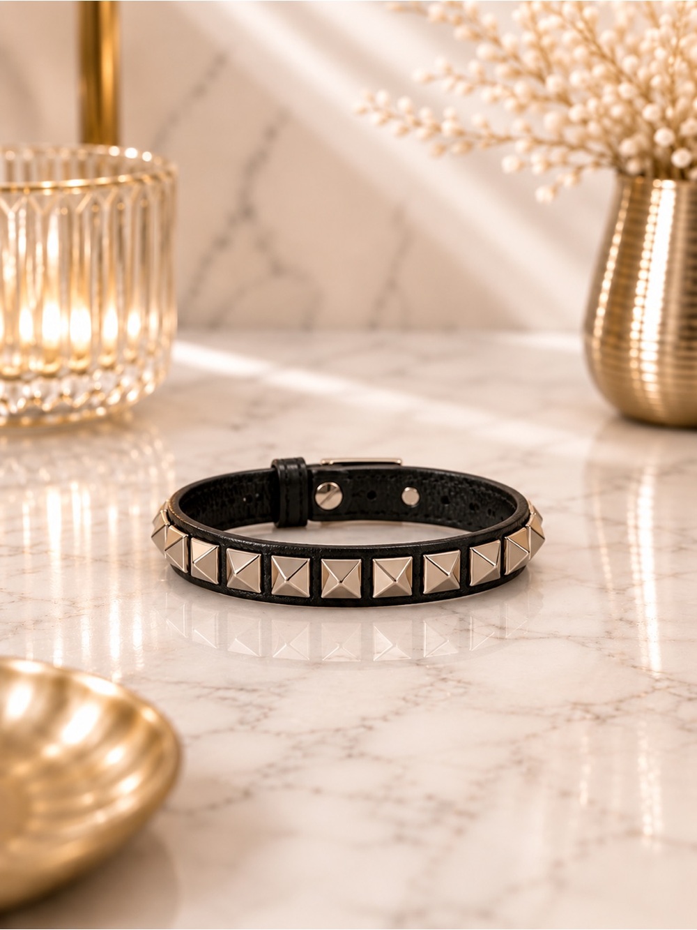 Valentino Garavani Black Leather Rockstud Bracelet | Adjustable 5.5” to 6.5”